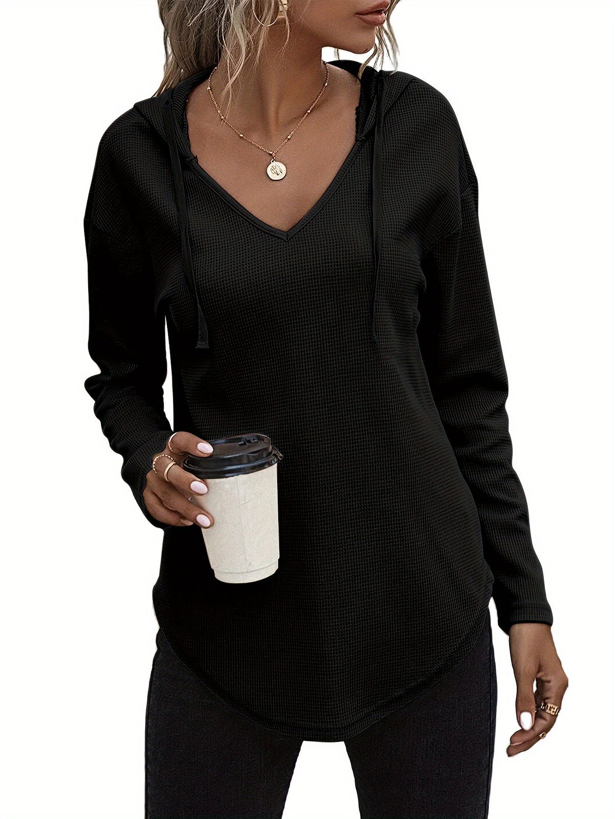 Waffle Knit Hoodie Women's V-Neck Long Sleeve Drawstring Pullover Top – Casual, Loungewear