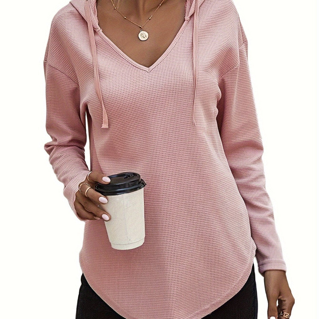 Waffle Knit Hoodie Women's V-Neck Long Sleeve Drawstring Pullover Top – Casual, Loungewear