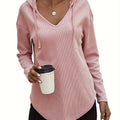 Waffle Knit Hoodie Women's V-Neck Long Sleeve Drawstring Pullover Top – Casual, Loungewear