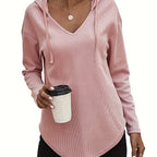 Waffle Knit Hoodie Women's V-Neck Long Sleeve Drawstring Pullover Top – Casual, Loungewear