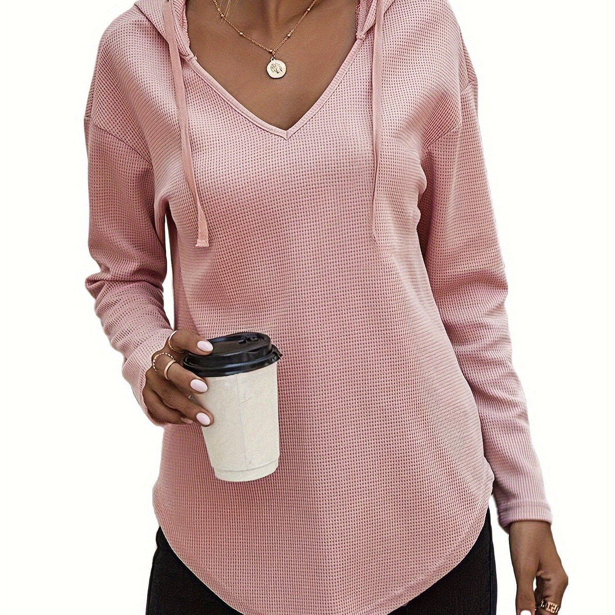 Waffle Knit Hoodie Women's V-Neck Long Sleeve Drawstring Pullover Top – Casual, Loungewear