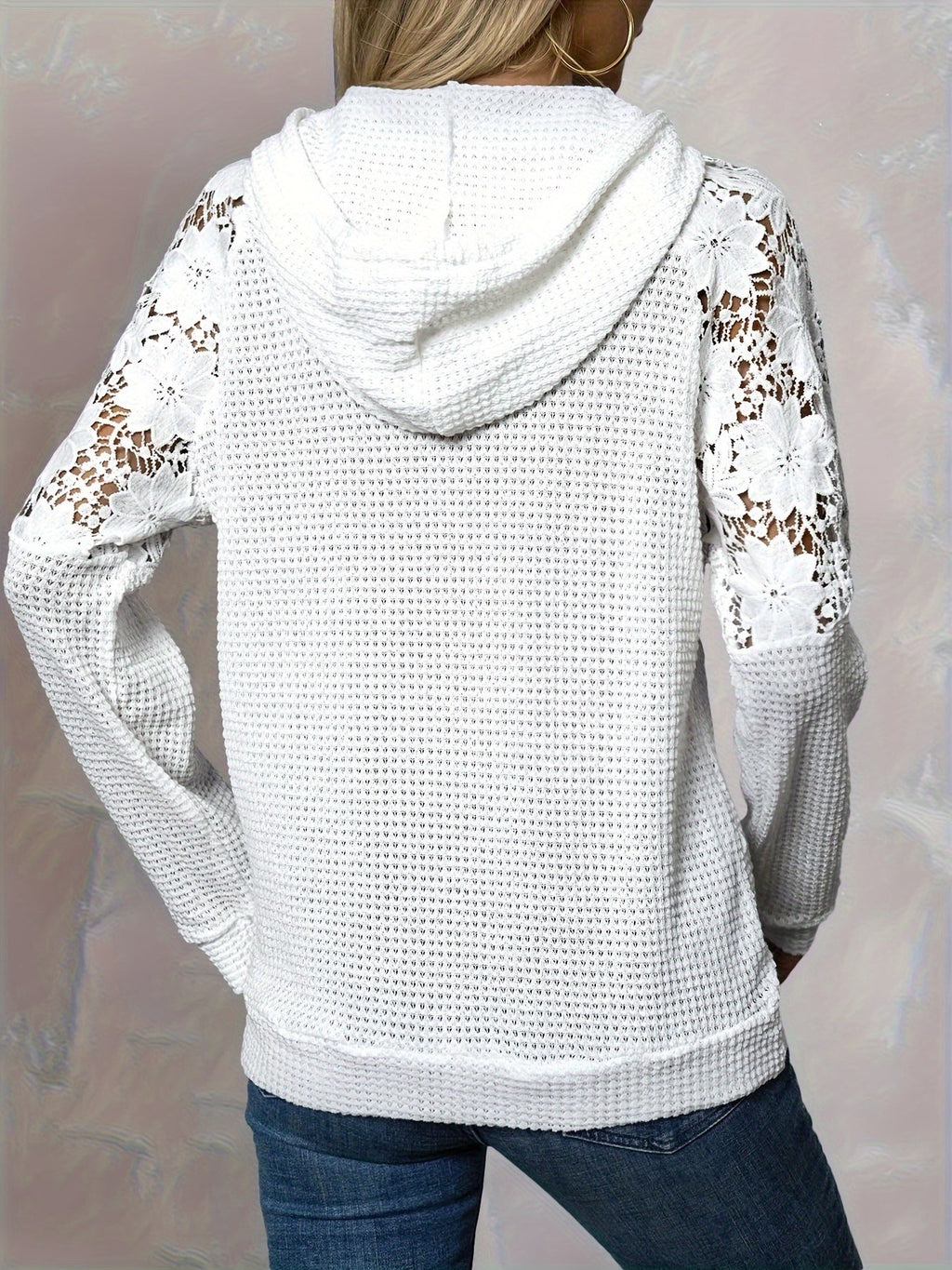 Waffle Knit Hoodie Women's White Floral Lace Trim Drawstring Top – Casual, Office, Gift