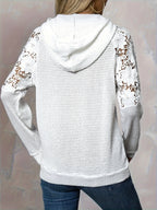 Waffle Knit Hoodie Women's White Floral Lace Trim Drawstring Top – Casual, Office, Gift