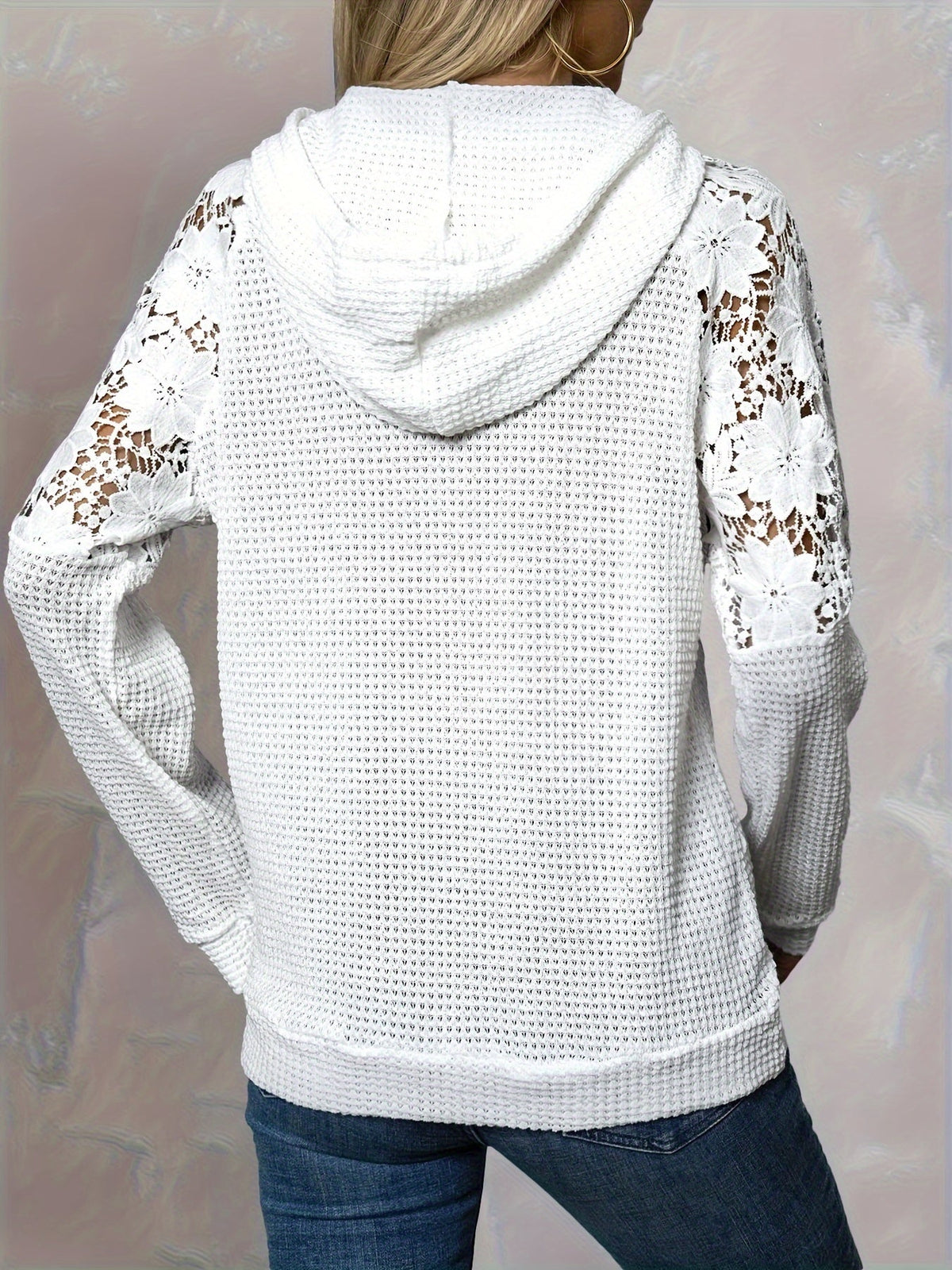 Waffle Knit Hoodie Women's White Floral Lace Trim Drawstring Top – Casual, Office, Gift