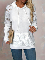 Waffle Knit Hoodie Women's White Floral Lace Trim Drawstring Top – Casual, Office, Gift