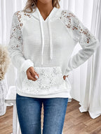 Waffle Knit Hoodie Women's White Floral Lace Trim Drawstring Top – Casual, Office, Gift