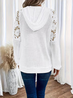 Waffle Knit Hoodie Women's White Floral Lace Trim Drawstring Top – Casual, Office, Gift