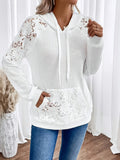 Waffle Knit Hoodie Women's White Floral Lace Trim Drawstring Top – Casual, Office, Gift
