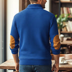 Waffle Knit Sweater Men's Stand Collar Button Pullover Elbow Patch – Casual, Office