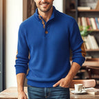 Waffle Knit Sweater Men's Stand Collar Button Pullover Elbow Patch – Casual, Office