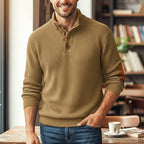 Waffle Knit Sweater Men's Stand Collar Button Pullover Elbow Patch – Casual, Office