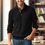 Waffle Knit Sweater Men's Stand Collar Button Pullover Elbow Patch – Casual, Office