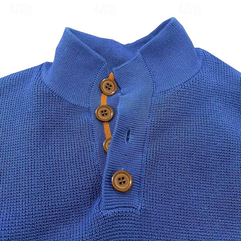 Waffle Knit Sweater Men's Stand Collar Button Pullover Elbow Patch – Casual, Office
