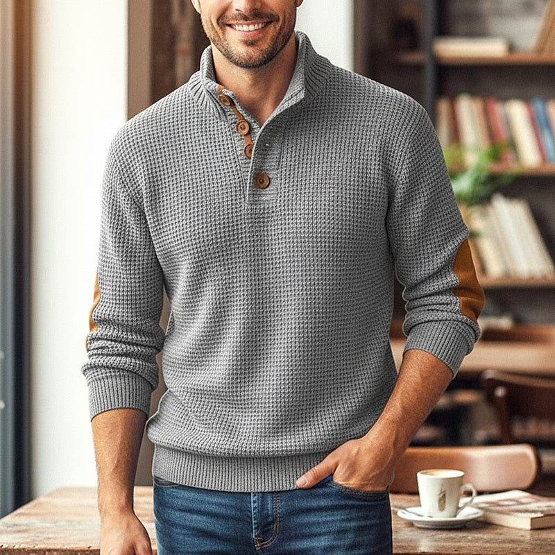 Waffle Knit Sweater Men's Stand Collar Button Pullover Elbow Patch – Casual, Office