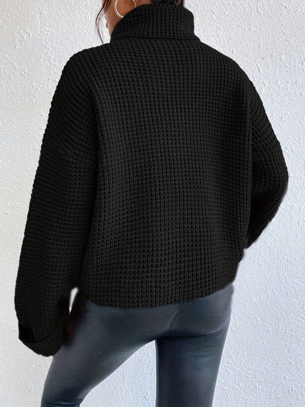 Waffle Knit Turtleneck Sweater Women's Black Oversized Drop Sleeve – Casual, Office