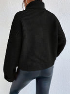 Waffle Knit Turtleneck Sweater Women's Black Oversized Drop Sleeve – Casual, Office