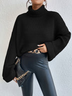 Waffle Knit Turtleneck Sweater Women's Black Oversized Drop Sleeve – Casual, Office