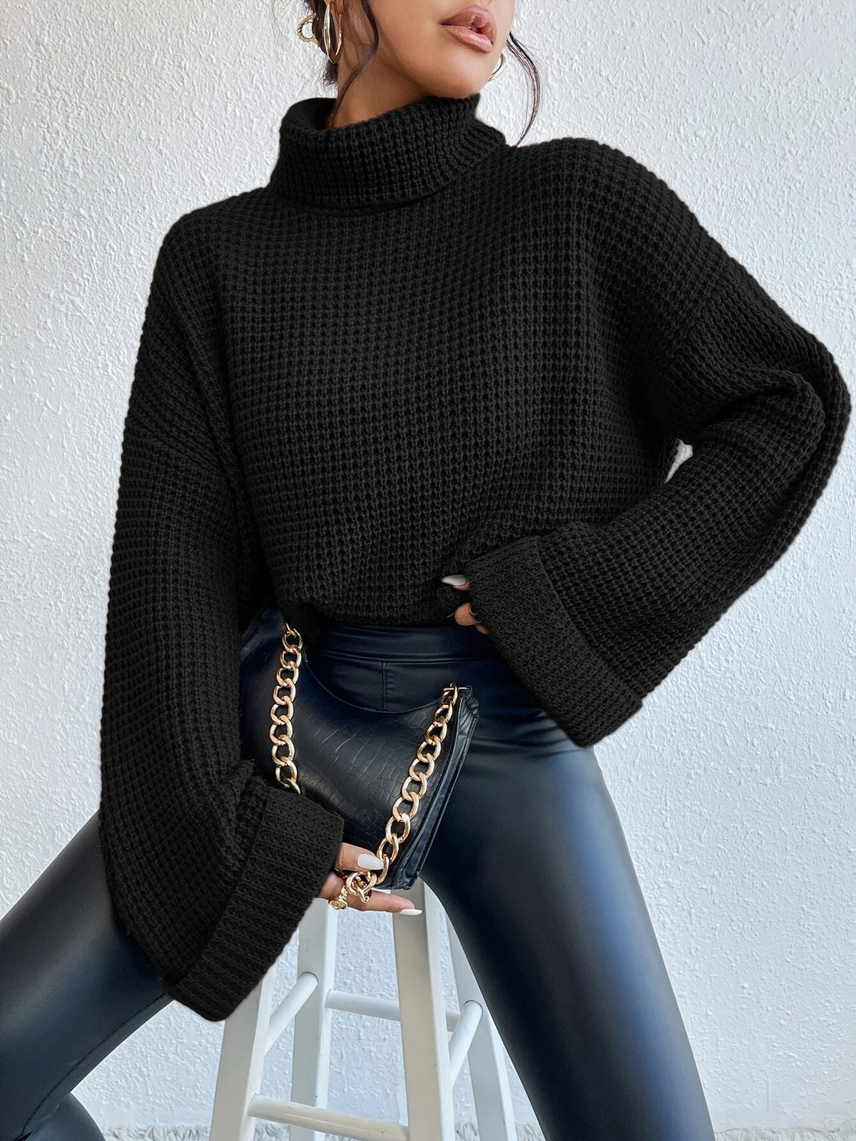 Waffle Knit Turtleneck Sweater Women's Black Oversized Drop Sleeve – Casual, Office