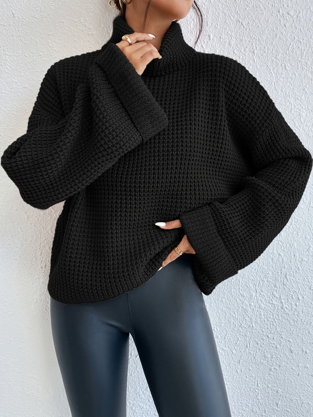 Waffle Knit Turtleneck Sweater Women's Black Oversized Drop Sleeve – Casual, Office