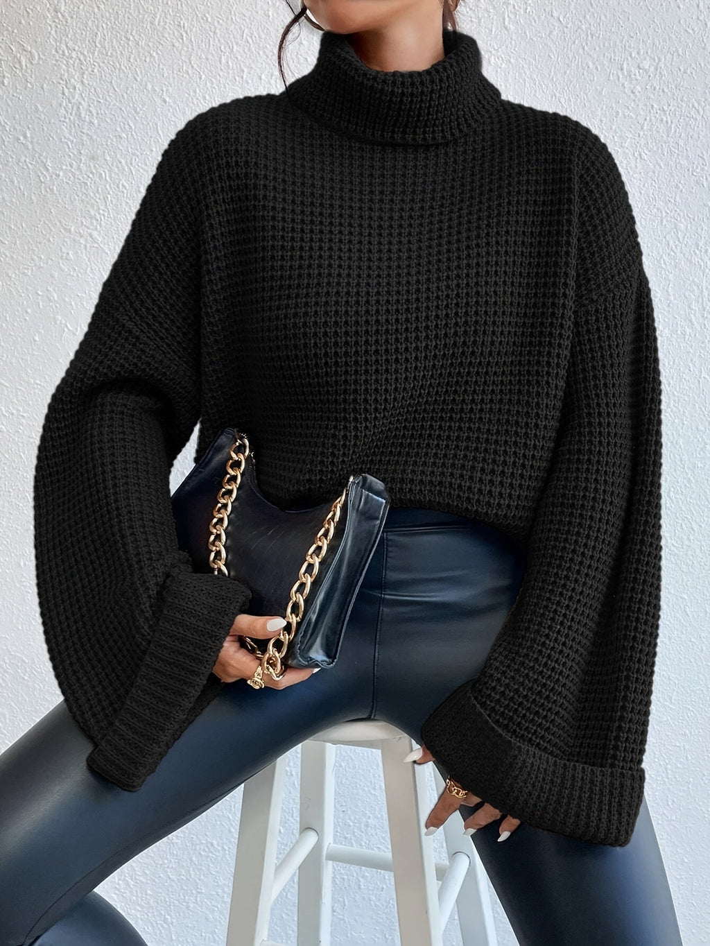 Waffle Knit Turtleneck Sweater Women's Black Oversized Drop Sleeve – Casual, Office