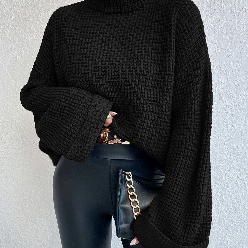 Waffle Knit Turtleneck Sweater Women's Black Oversized Drop Sleeve – Casual, Office