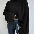 Waffle Knit Turtleneck Sweater Women's Black Oversized Drop Sleeve – Casual, Office