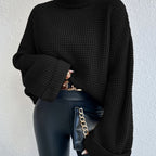 Waffle Knit Turtleneck Sweater Women's Black Oversized Drop Sleeve – Casual, Office