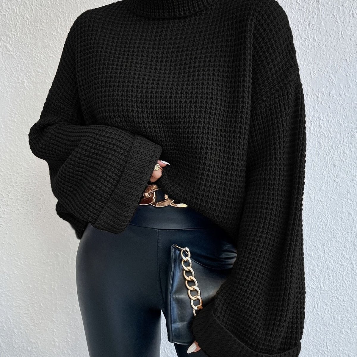 Waffle Knit Turtleneck Sweater Women's Black Oversized Drop Sleeve – Casual, Office