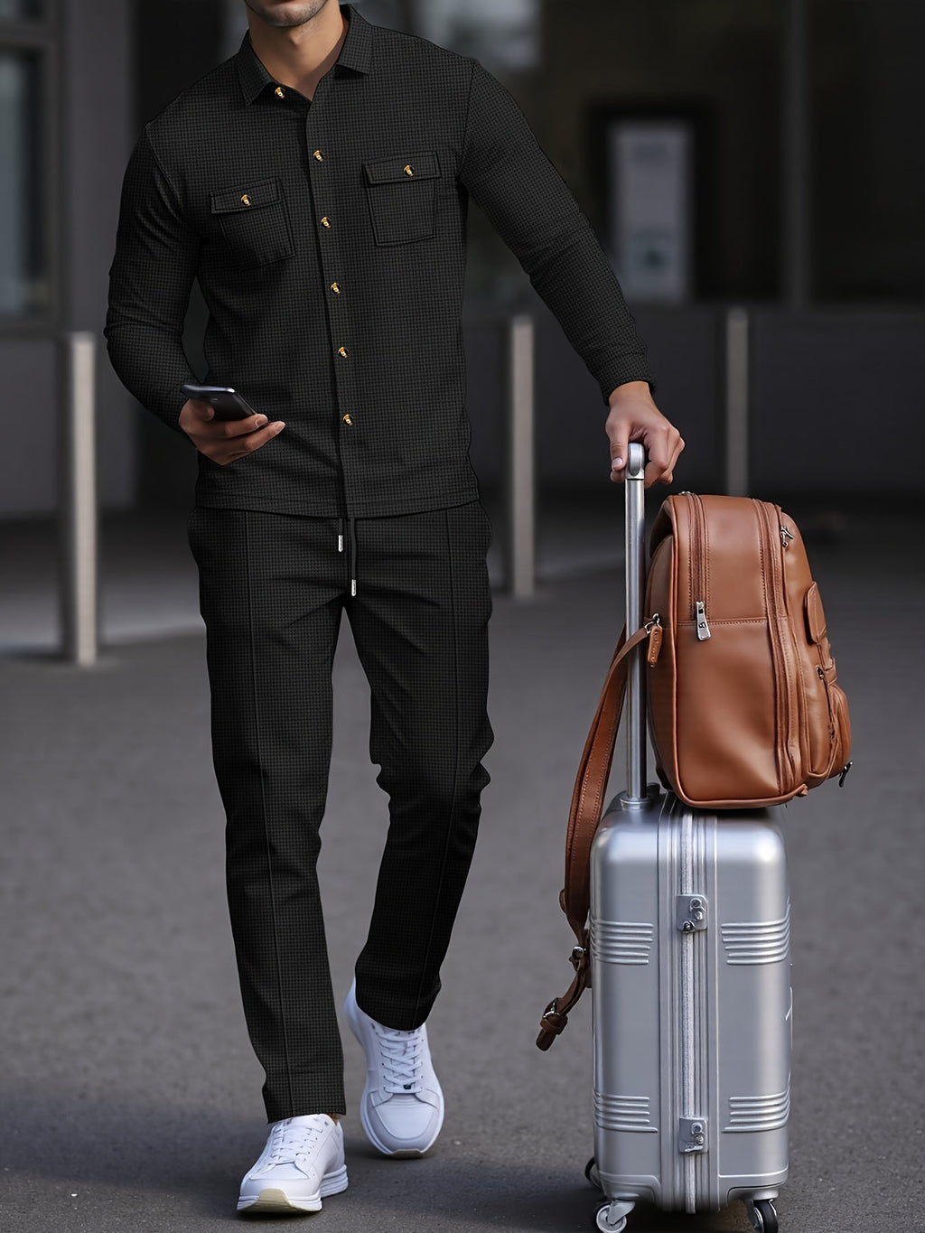 Waffle Knit Two-Piece Set Men's White Button Jacket & Drawstring Pants – Casual, Office, Holiday, Gift