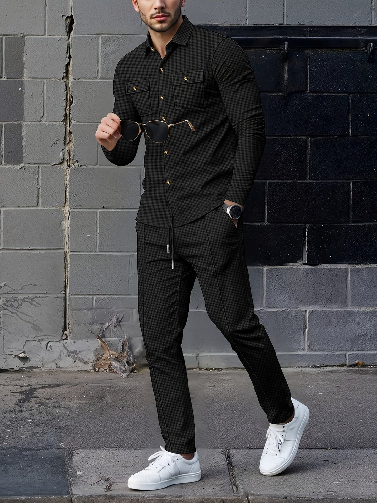 Waffle Knit Two-Piece Set Men's White Button Jacket & Drawstring Pants – Casual, Office, Holiday, Gift