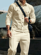 Waffle Knit Two-Piece Set Men's White Button Jacket & Drawstring Pants – Casual, Office, Holiday, Gift