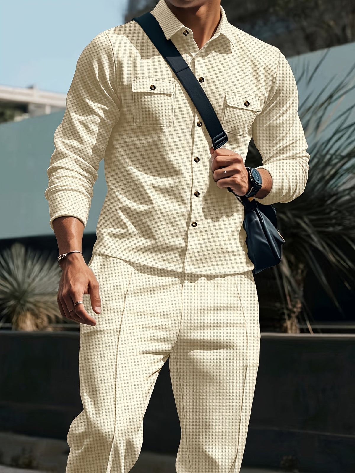 Waffle Knit Two-Piece Set Men's White Button Jacket & Drawstring Pants – Casual, Office, Holiday, Gift