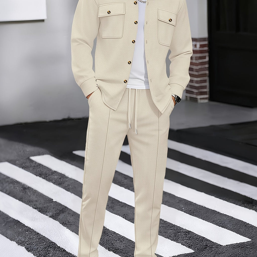 Waffle Knit Two-Piece Set Men's White Button Jacket & Drawstring Pants – Casual, Office, Holiday, Gift