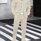 Waffle Knit Two-Piece Set Men's White Button Jacket & Drawstring Pants – Casual, Office, Holiday, Gift