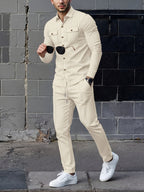 Waffle Knit Two-Piece Set Men's White Button Jacket & Drawstring Pants – Casual, Office, Holiday, Gift