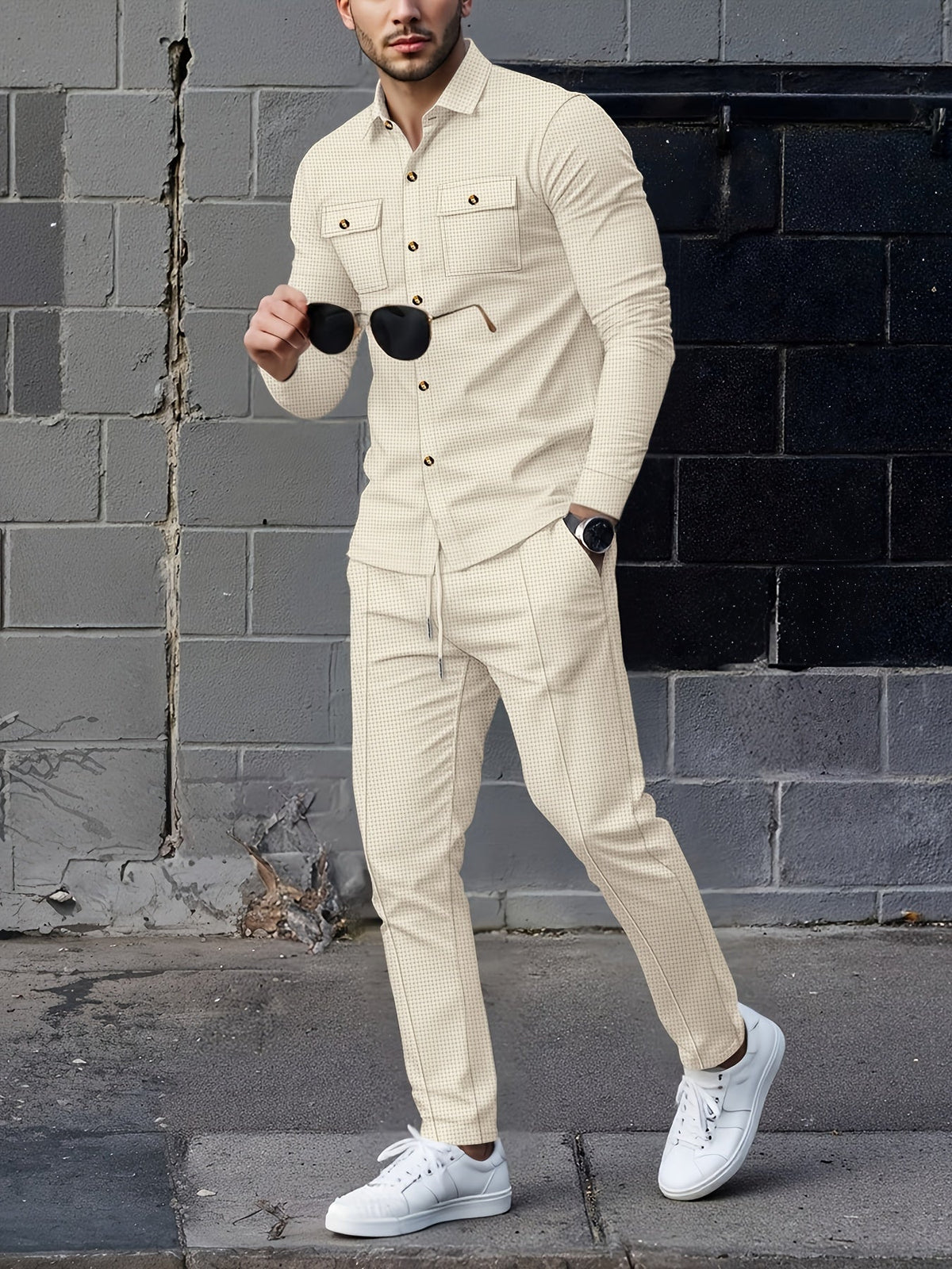 Waffle Knit Two-Piece Set Men's White Button Jacket & Drawstring Pants – Casual, Office, Holiday, Gift