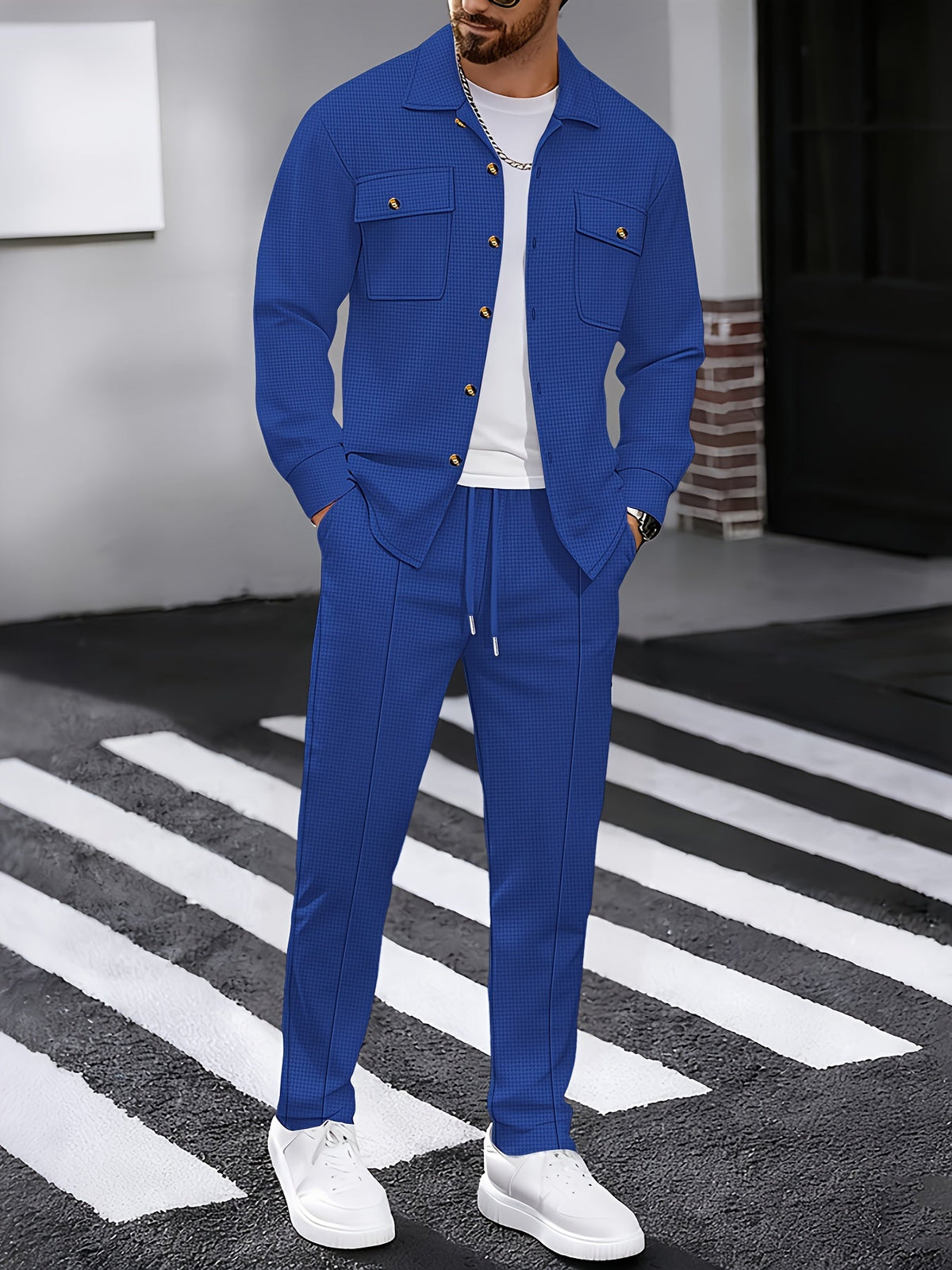 Waffle Knit Two-Piece Set Men's White Button Jacket & Drawstring Pants – Casual, Office, Holiday, Gift