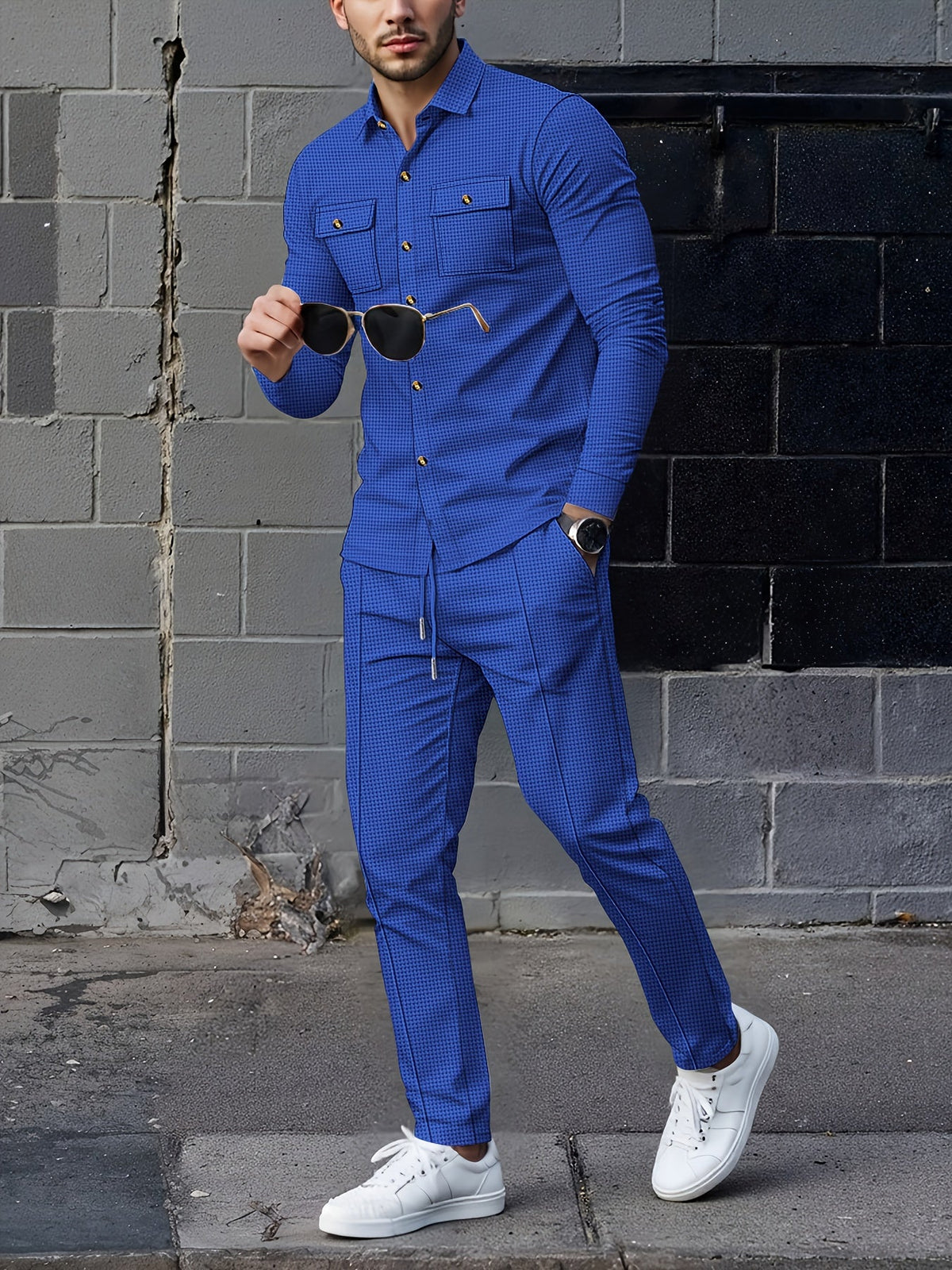 Waffle Knit Two-Piece Set Men's White Button Jacket & Drawstring Pants – Casual, Office, Holiday, Gift