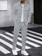 Waffle Knit Two-Piece Set Men's White Button Jacket & Drawstring Pants – Casual, Office, Holiday, Gift