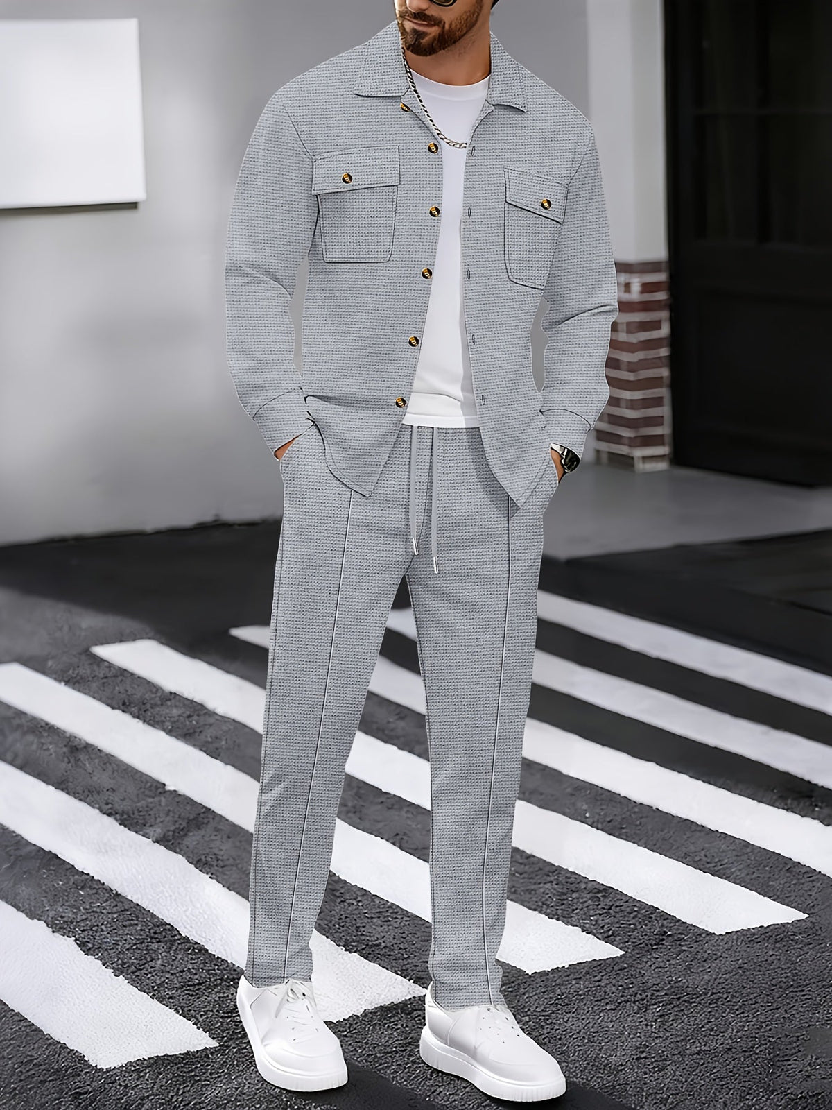 Waffle Knit Two-Piece Set Men's White Button Jacket & Drawstring Pants – Casual, Office, Holiday, Gift