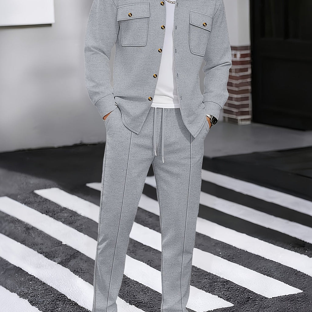 Waffle Knit Two-Piece Set Men's White Button Jacket & Drawstring Pants – Casual, Office, Holiday, Gift