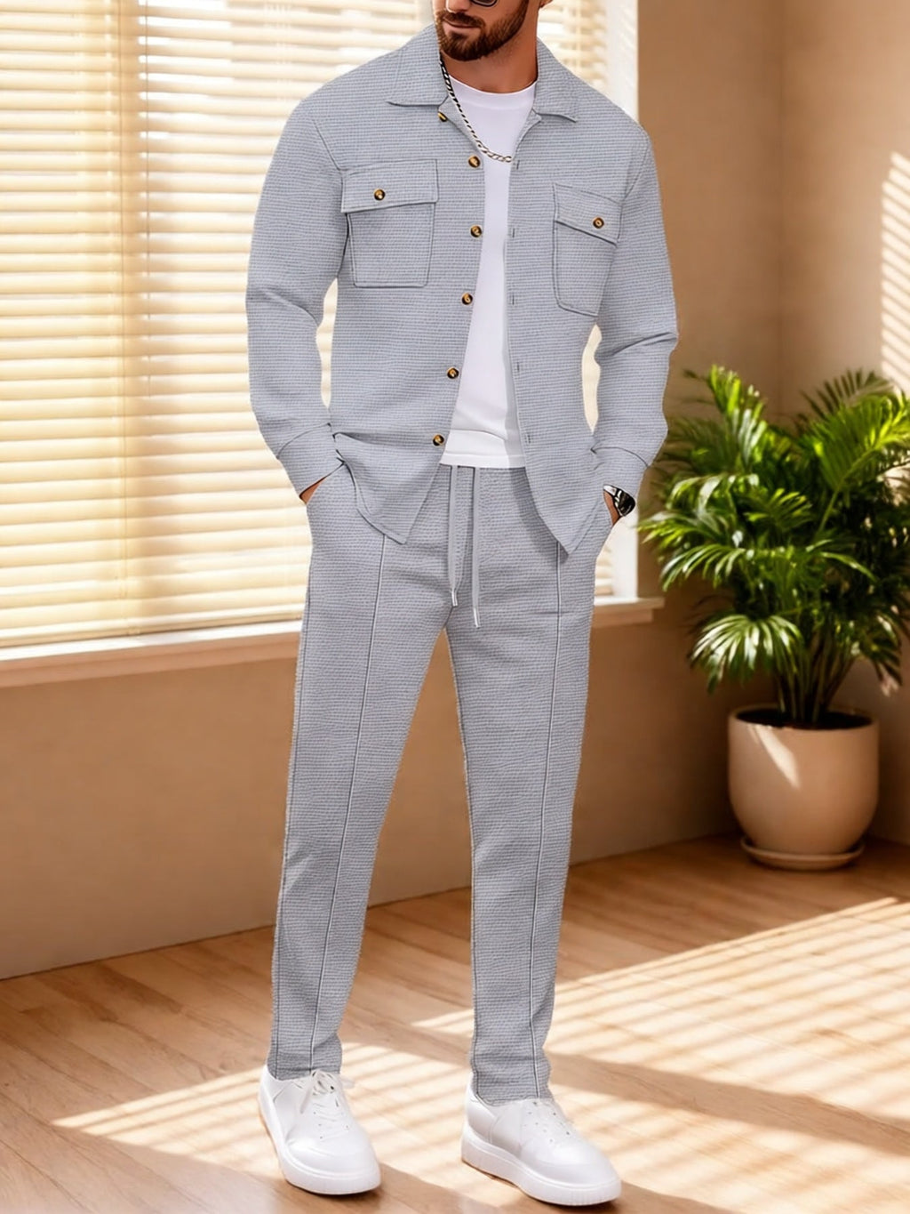 Waffle Knit Two-Piece Set Men's White Button Jacket & Drawstring Pants – Casual, Office, Holiday, Gift