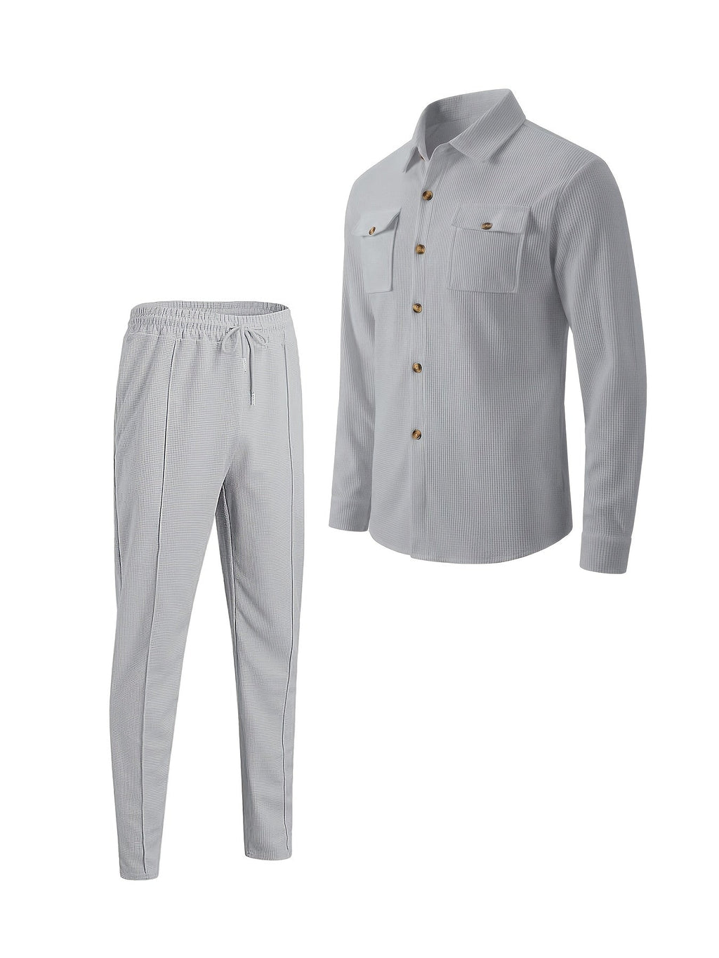 Waffle Knit Two-Piece Set Men's White Button Jacket & Drawstring Pants – Casual, Office, Holiday, Gift