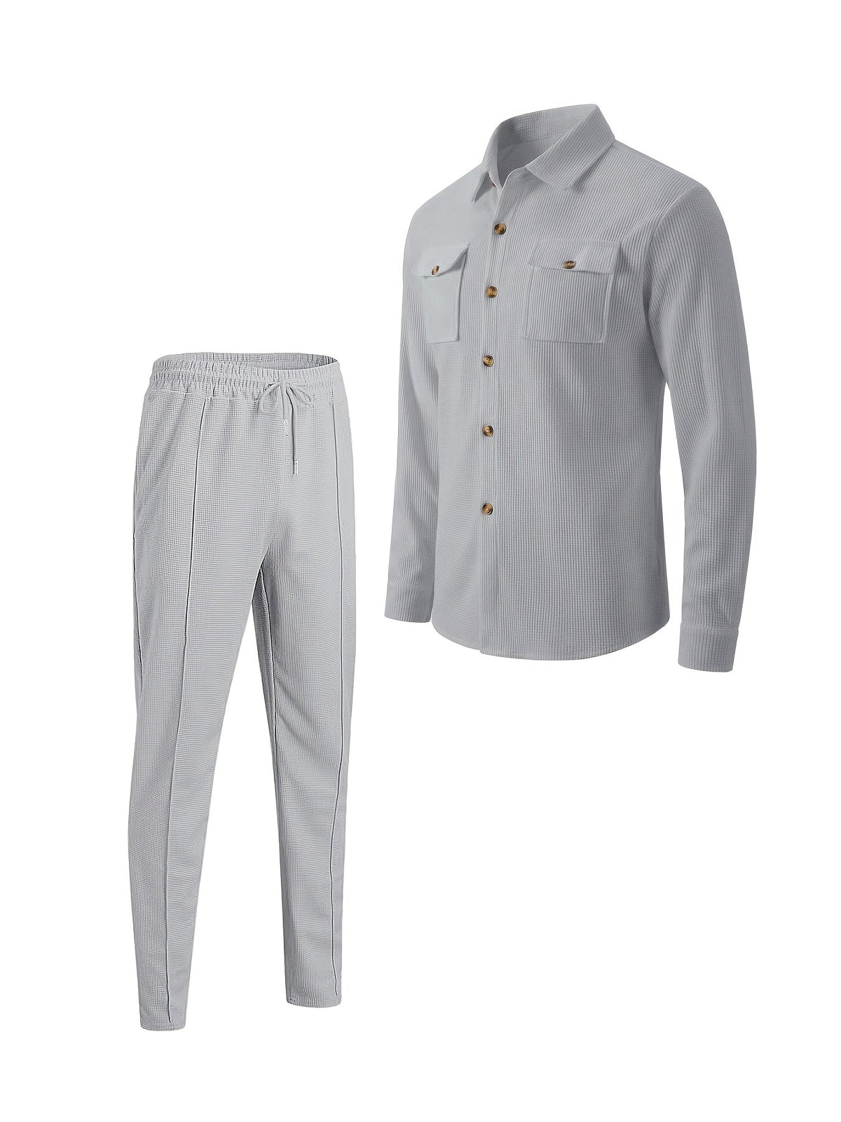 Waffle Knit Two-Piece Set Men's White Button Jacket & Drawstring Pants – Casual, Office, Holiday, Gift