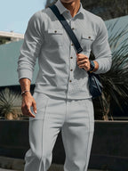 Waffle Knit Two-Piece Set Men's White Button Jacket & Drawstring Pants – Casual, Office, Holiday, Gift