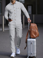 Waffle Knit Two-Piece Set Men's White Button Jacket & Drawstring Pants – Casual, Office, Holiday, Gift