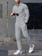 Waffle Knit Two-Piece Set Men's White Button Jacket & Drawstring Pants – Casual, Office, Holiday, Gift