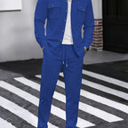 Waffle Knit Two-Piece Set Men's White Button Jacket & Drawstring Pants – Casual, Office, Holiday, Gift