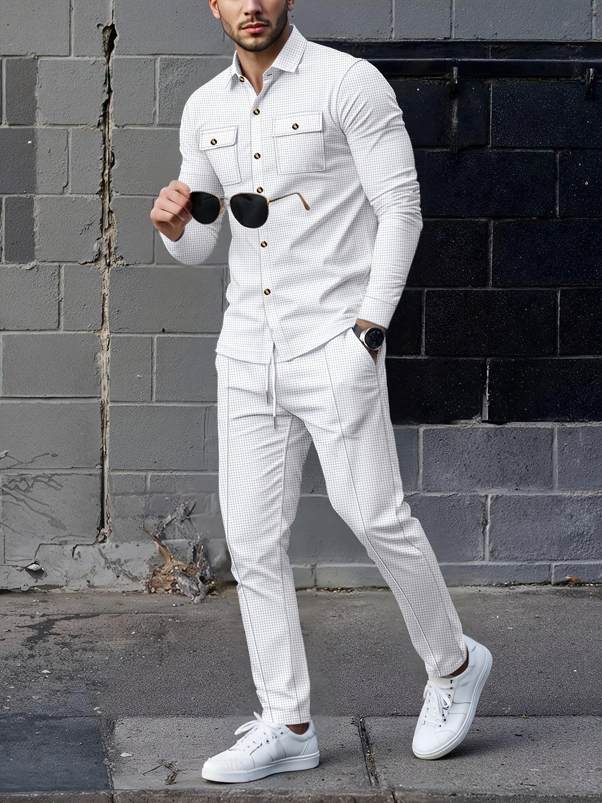 Waffle Knit Two-Piece Set Men's White Button Jacket & Drawstring Pants – Casual, Office, Holiday, Gift