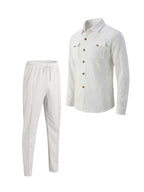 Waffle Knit Two-Piece Set Men's White Button Jacket & Drawstring Pants – Casual, Office, Holiday, Gift